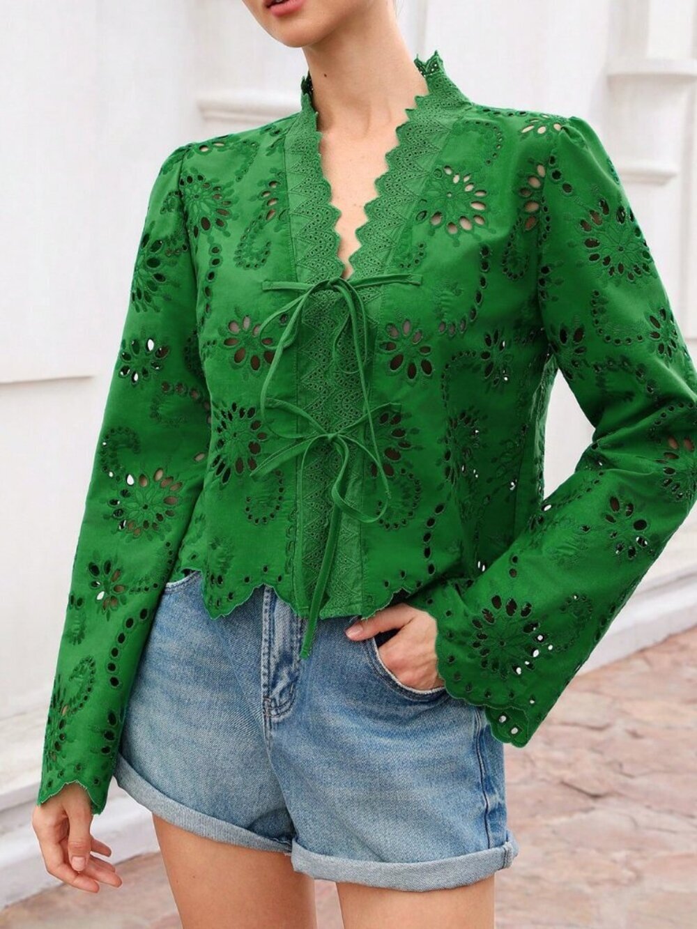 Green Boho Women's Loose Long Sleeve Blouse - Picture 5 of 6